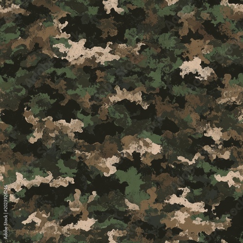 Seamless military camouflage pattern with classic forest green, brown, and black tones, suitable for tactical equipment, hunting gear, and army style apparel design backgrounds for outdoors.
