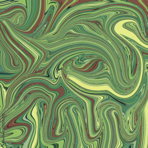 Abstract liquid marble texture with swirling green waves, psychedelic fluid pattern, organic motion background and colorful digital art design.