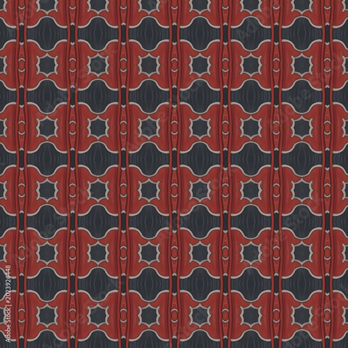 Retro geometric seamless pattern with red and dark symmetrical shapes, vintage wallpaper texture, decorative abstract background and ornamental design.