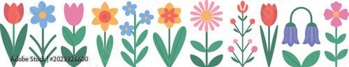 Foto Row of colorful flat flowers with tulips, daisies, and bellflowers