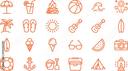 Fotografía Summer vacation icon set featuring various beach travel and holiday leisure acti