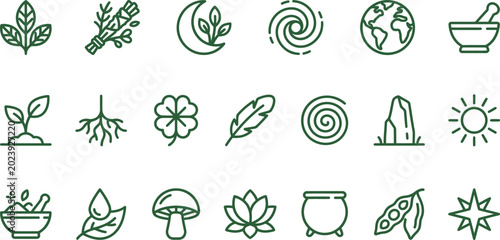 Schilderij op canvas Collection of green line art icons representing nature elements and spiritual sy