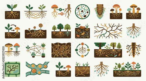 Vector Icons Mycorrhizal Fungi Network and Plant Root Symbiosis Infographic Icons. EPS Editable
