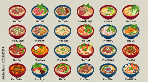 Vector Icons Set of 24 colorful isometric icons of various Vietnamese pho noodle soup dishes. EPS Editable