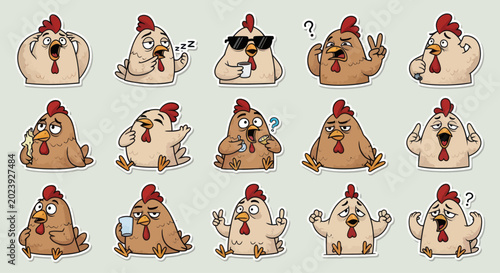 Funny Chicken Emoticons Set, Cute Cartoon Rooster Stickers with Various Emotions