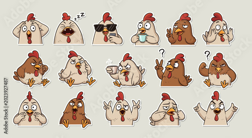 Funny Chicken Emoticons Set: Expressive Farm Birds with Various Emotions