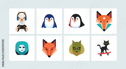 Canvas Print Cute Animal Icons: Llama Gamer, Penguins, Foxes, Cat Skater, and More