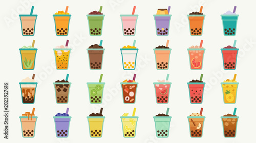 Vector Icons Set of colorful bubble tea drinks in plastic cups with tapioca pearls. EPS Editable