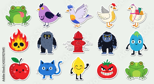 Cute Cartoon Stickers: Animals, Food, Objects, and Monsters Collection
