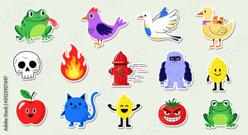 Cute Cartoon Animals and Objects Sticker Pack: Frog, Bird, Duck, Cat, Skull, Fire, Hydrant