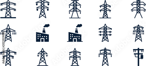 Foto Electricity Pylons and Factory Icons Set power transmission tower