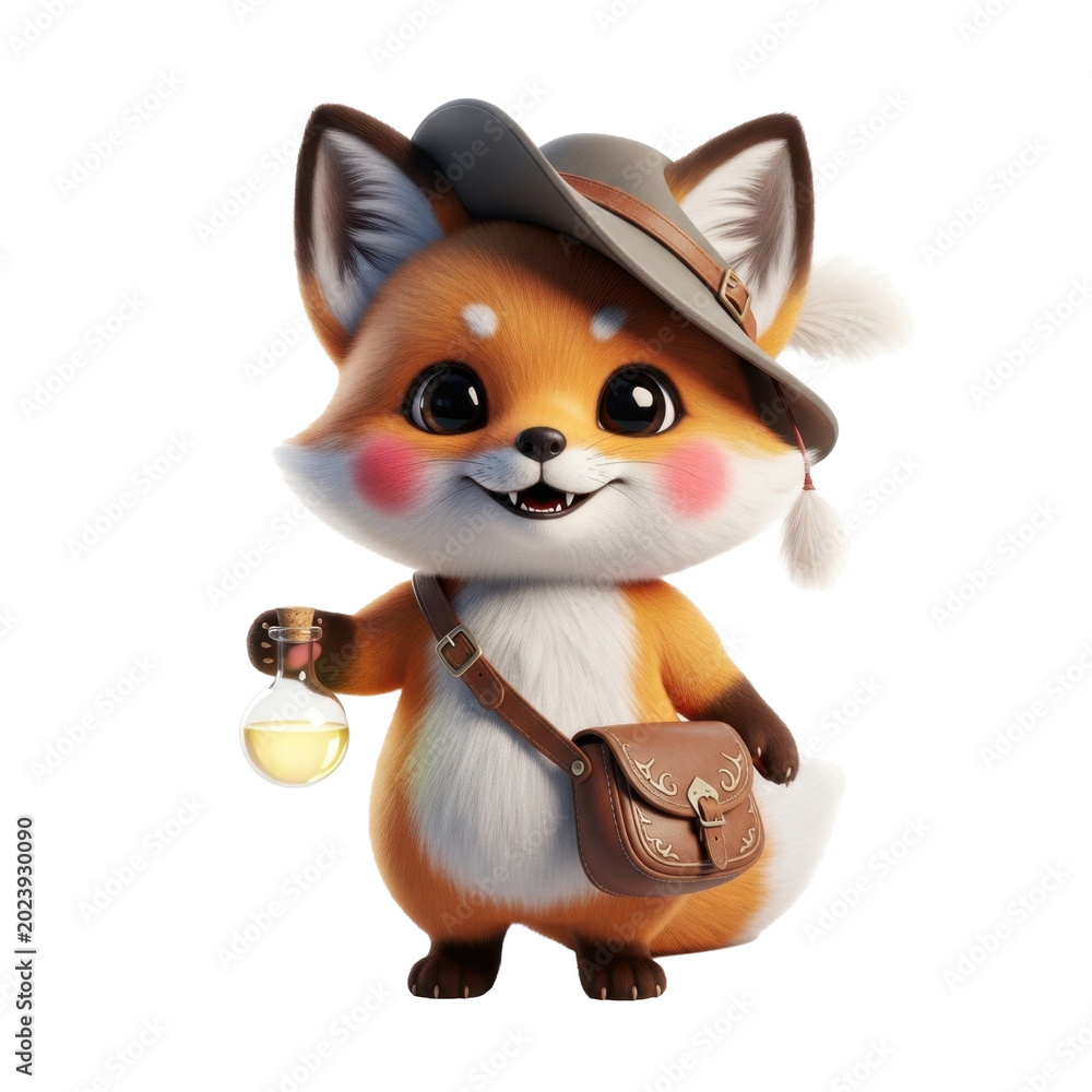 Fototapeta premium Cute fox adventurer holding potion bottle