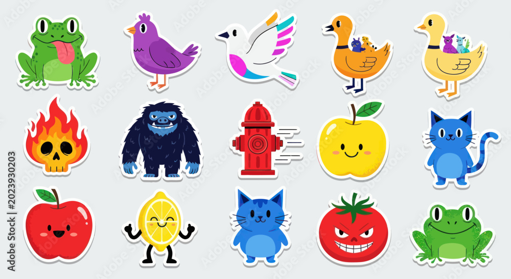 Obraz premium Cute Cartoon Animals, Fruits, Objects - Sticker Pack Vector Illustration