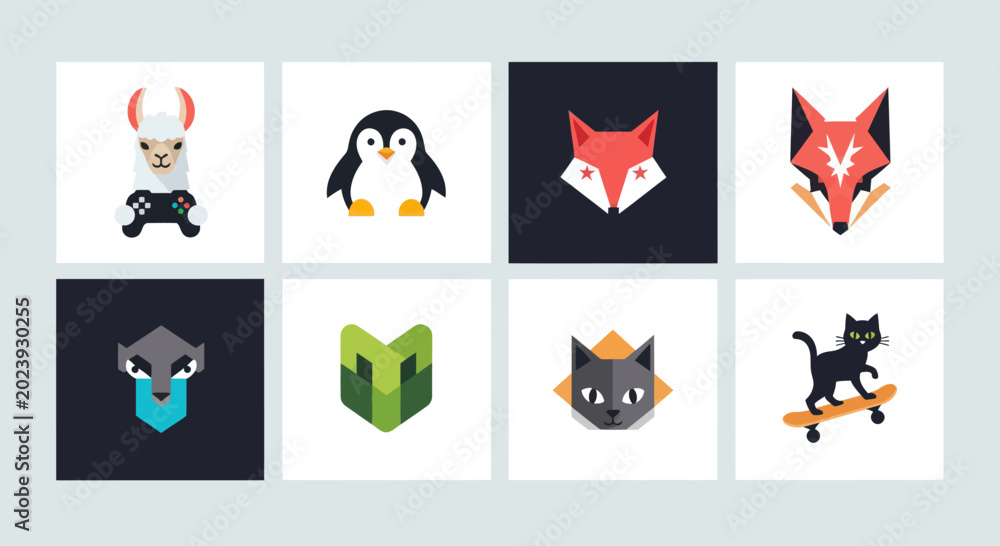 Fototapeta premium Cute Pixel Art Animal Icons Set: Llama, Penguin, Fox, Wolf, Cat