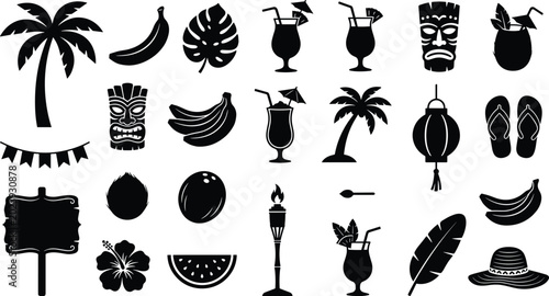 Set of black and white tropical vacation and hawaiian tiki culture related vector icons
