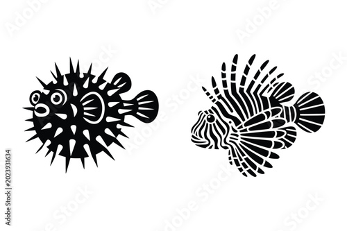 Foto Pufferfish and lionfish silhouettes illustration with pufferfish, lionfish