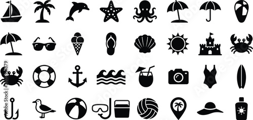 Summer beach travel icons set featuring various marine life and seaside recreation silhouettes