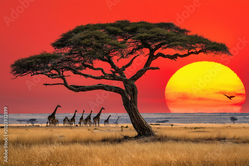 Dramatic Red Sun Setting Over African Savanna Horizon