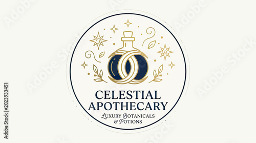 Celestial Apothecary Logo Design Featuring a Mystical Potion Bottle with Crescent Moon, Stars, and Botanical Elements in a Gold and Navy Blue Palette