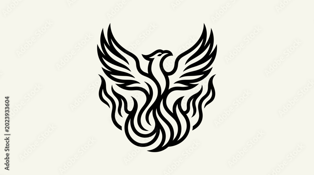 Fototapeta premium Minimalist Phoenix Bird Rising Symbol Black Line Art Vector Illustration Logo