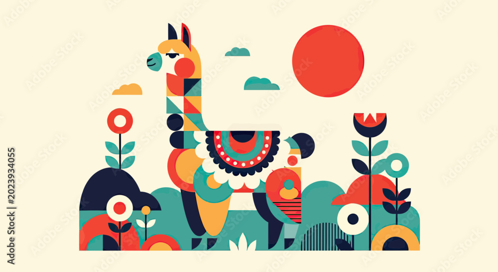Fototapeta premium Stylized Geometric Llama Illustration with Colorful Folk Art Patterns and Abstract Landscape