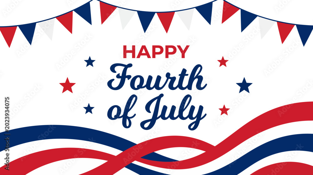 Fototapeta premium Happy Fourth of July patriotic banner with red, white, and blue bunting and flowing ribbons