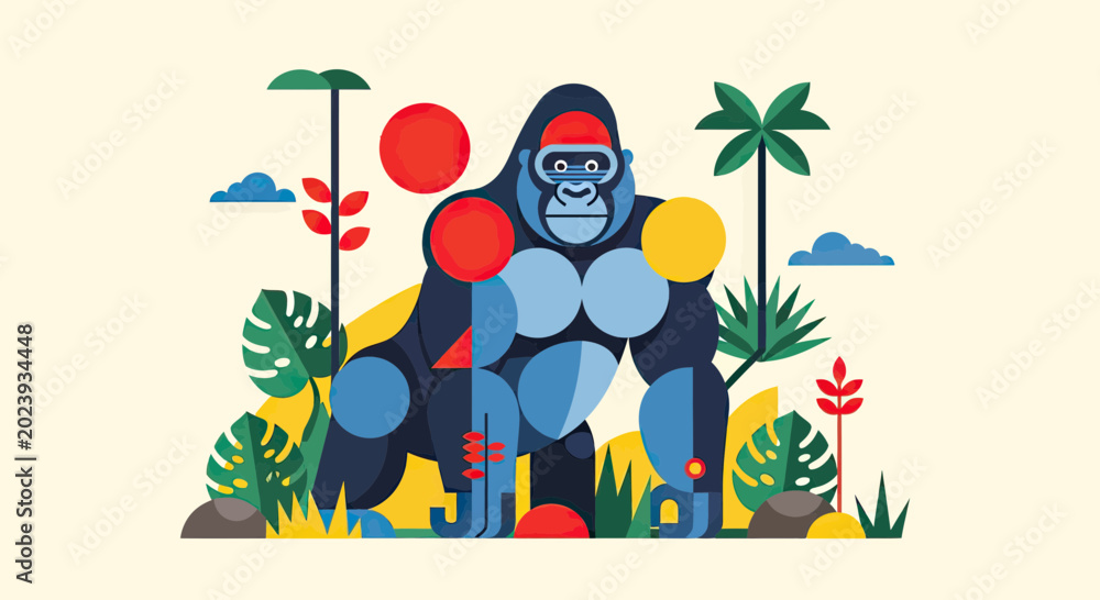 Naklejka premium Stylized Geometric Gorilla Illustration in Tropical Jungle Landscape with Vibrant Colors