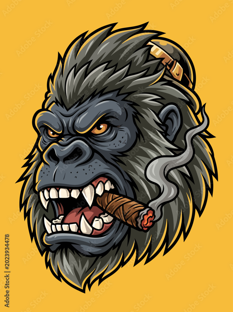 Fototapeta premium Cartoon gorilla smoking cigar closeup.