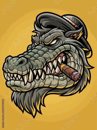 Fotografie Cartoon crocodile head with hat cigar.