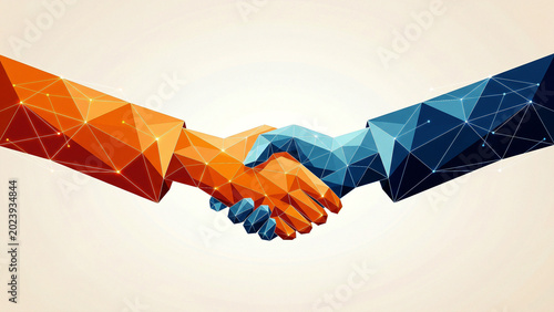 Polygonal handshake with orange and navy blue low poly hands and digital network nodes symbolizing technology partnership trust perfect for corporate branding banner