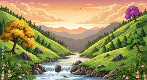 Foto Vibrant Autumn Valley Landscape with River and Trees - Digital Vector Illustrati