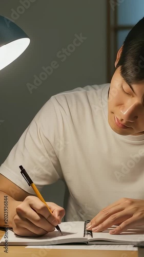 夜の自室でデスクライトの明かりを浴びながら一心不乱に勉強する男子学生