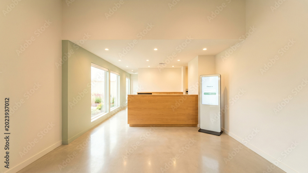 Fototapeta premium Minimalist clinic reception lobby with wooden counter check in kiosk and large window perfect for medical branding healthcare mockup and clinic advertising