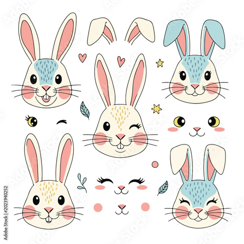 Cute Bunny Faces and Ears Pattern Elements