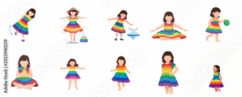 Set of vector illustrations of a little girl wearing a colorful rainbow dress in various playful poses and activities