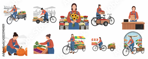 Set of Flat Illustrations of a Female Farmer Selling Fresh Vegetables and Flowers at a Local Market