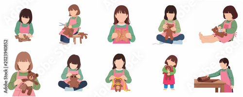 Canvas-taulu Set of Flat Illustrations Showing a Young Girl Making a Handmade Teddy Bear Step