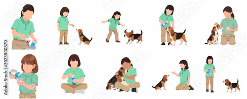 Quadro su tela Flat Illustration Set of a Young Girl Caring for and Training Her Beagle Puppy