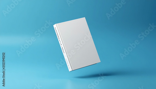 Blank hardcover book mockup floating on blue 3D rendering