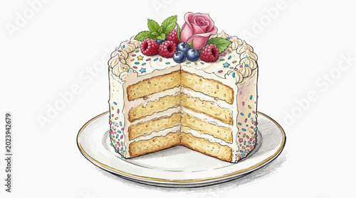 Photos Deliciously decorated multi-layered cake with fresh berries and a pink rose on t