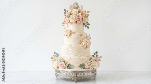 Elegant four tier wedding cake adorned with delicate lace piping and romantic sugar flowers in pastel shades on a silver stand