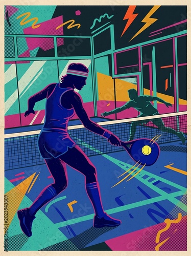 Retro-inspired padel scene with vibrant vintage colors and athletic silhouettes, textured vector illustration, dynamic sporty composition, 80s-inspired aesthetic