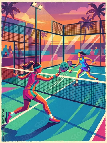 Retro-inspired padel scene with vibrant vintage colors and athletic silhouettes, textured vector illustration, dynamic sporty composition, 80s-inspired aesthetic