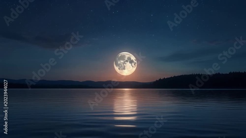 Full Moon Reflecting on Calm Water at Night.