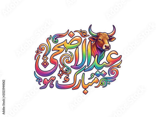 Vibrant colorful bull head with rainbow swirling patterns and calligraphy on isolated transparent background for design