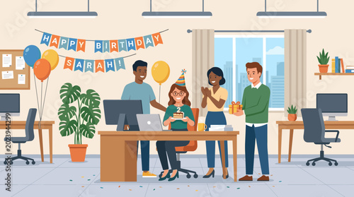 Office Birthday Celebration with Cake and Gifts for Colleague Sarah