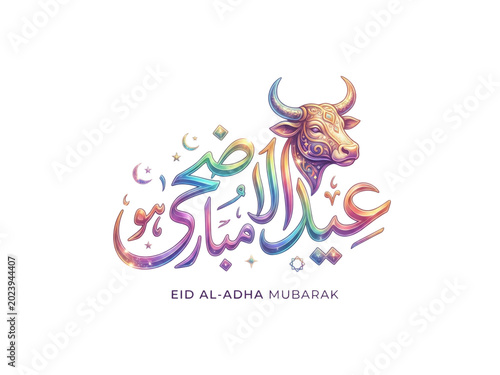 Eid aladha mubarak colorful illustration with cow head and arabic calligraphy on transparent background