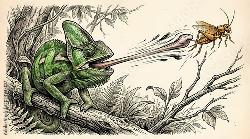 A vibrant green chameleon on a textured branch extends its lightning-fast tongue to ensnare an unsuspecting cricket, a detailed illustration of nature's intricate predator-prey dynamics
