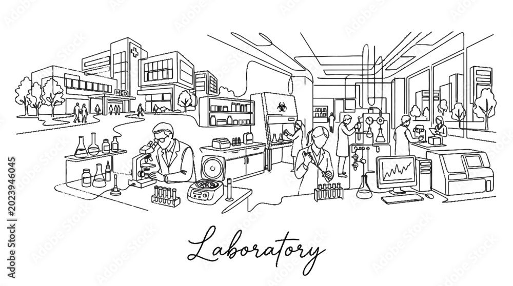 Fototapeta premium Futuristic Laboratory Scene with Researchers and Advanced Scientific Equipment in a modern high-tech environment