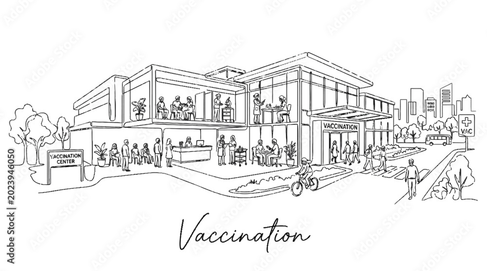 Obraz premium modern vaccination clinic with multiple service areas, outdoor seating, and a welcoming atmosphere for public health outreach